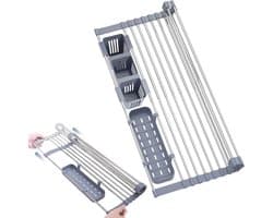 Uitschuifbaar Over-Sink Droogrek - 12.6"-23.3", Afvoerrek met Bestekhouder, RVS Keuken Organizer voor Borden en Keukengerei