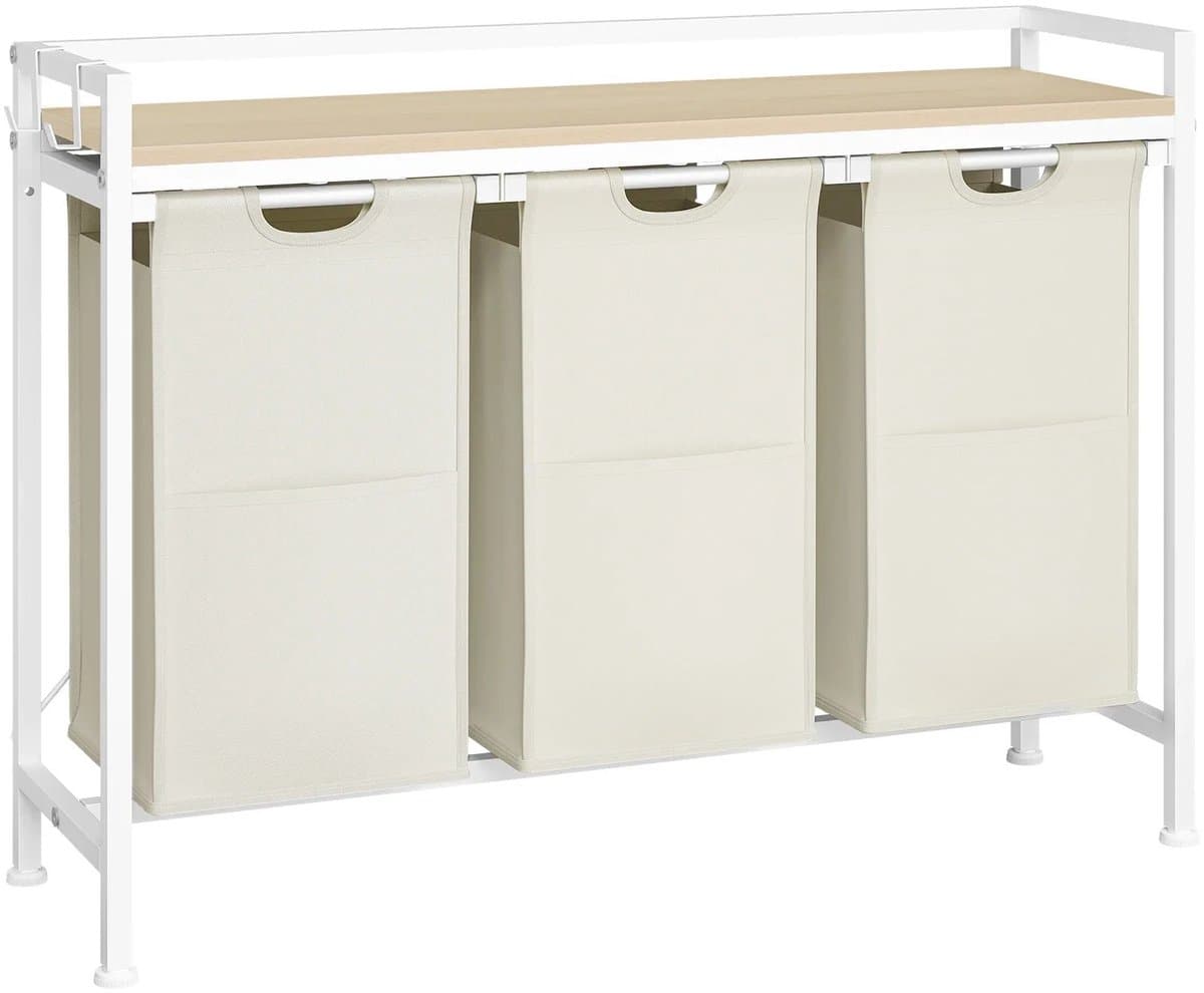 VIEMAE Wasmand - Wasmand 3 vakken - Wasmand met deksel & handgrepen - Wassorteerder - Wasmanden - 96x30x71 cm - 93L - Creme, wit — afbeelding 1