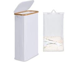 Wasmand 63 liter - Opvouwbare wasmand met deksel - Wit met bamboe handgrepen