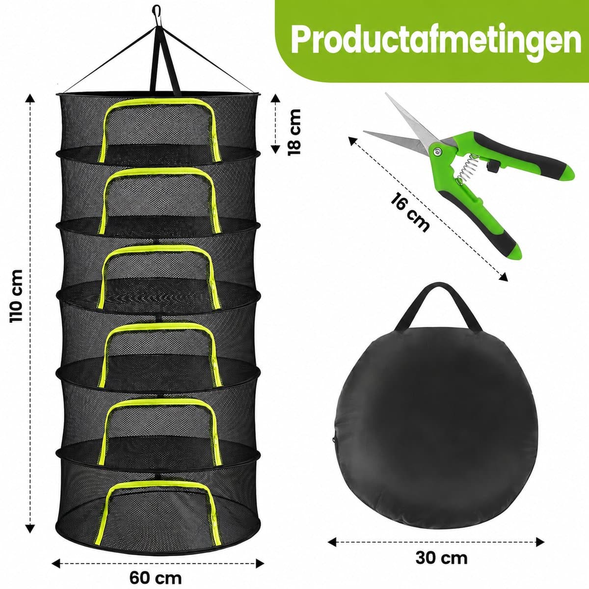 Droognet voor Kruiden - 6-laags Hangend Droognet Ø 58 cm - Kruidendroger en Droogrek van Polyester Mesh - Opvouwbaar Droognet met Rits per Laag, Haak en Opbergtas - voor Kruiden, Bloemen, Fruit en Groente - Zwart — afbeelding 1
