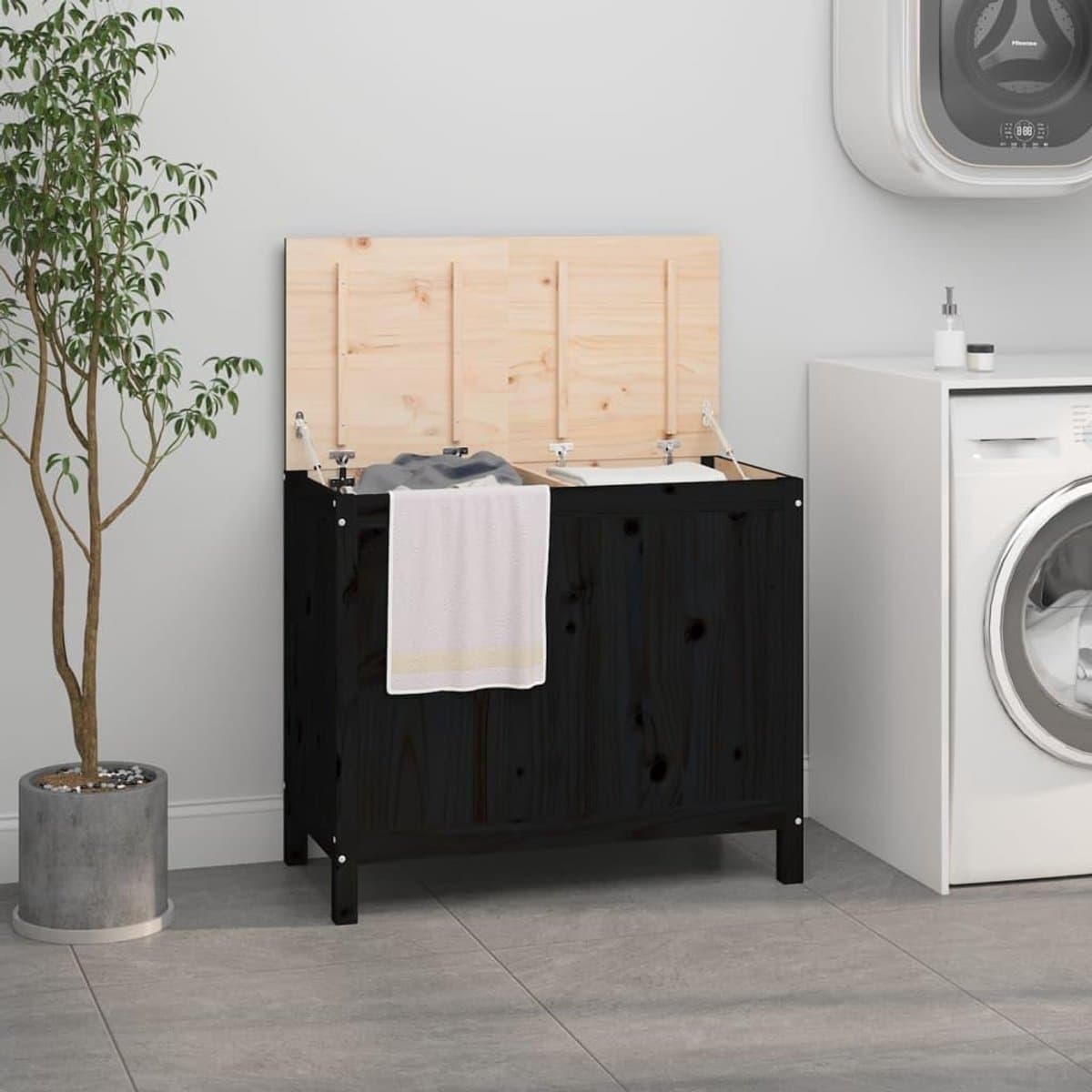 Zwart, 88,5 x 44 x 76 cm, van massief grenenhout, wasmand met gasveer en 2 vakken, voor badkamer, slaapkamer, hal — afbeelding 1