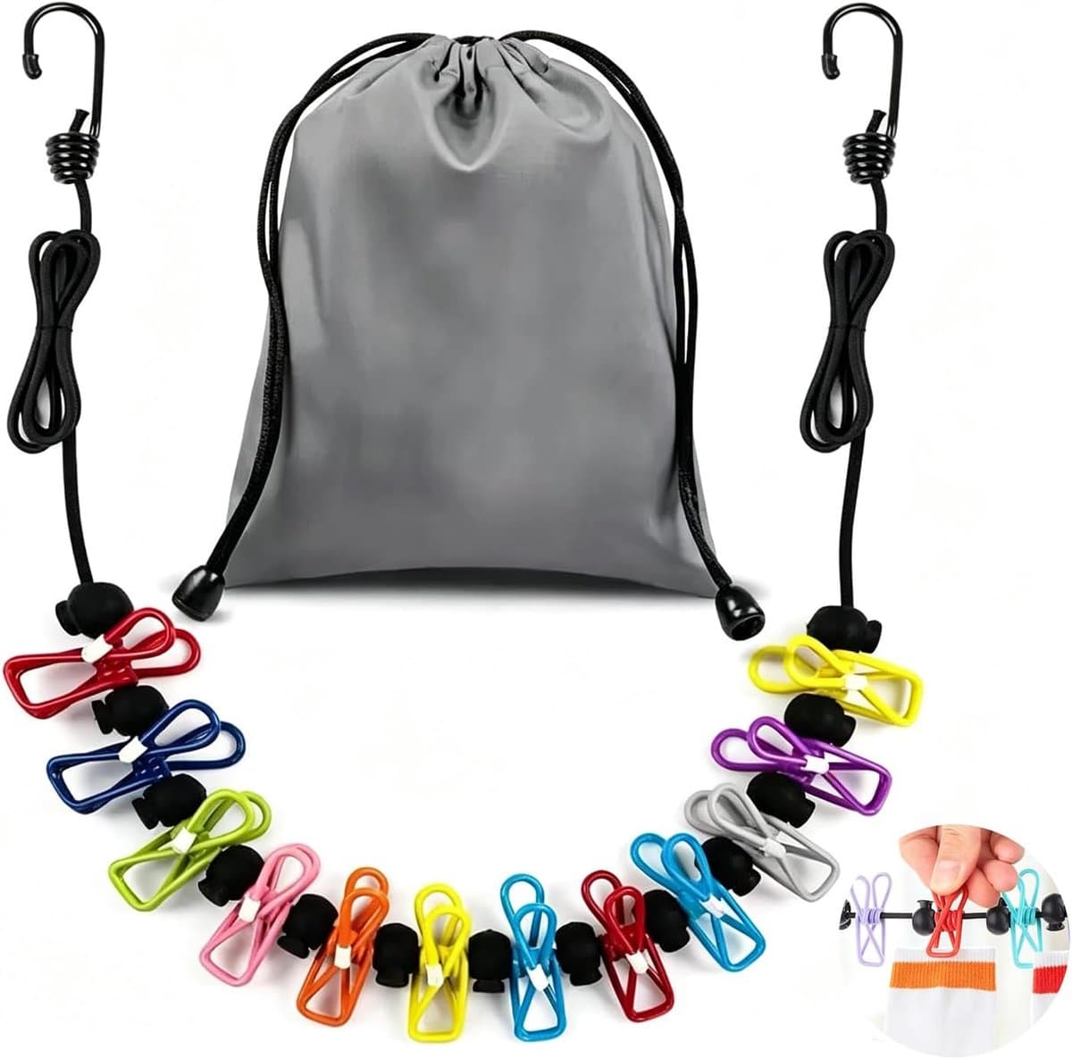 12 kleurrijke antislip haringen elastische reiswaslijn, intrekbare waslijn zonder boor voor camping, caravan, balkon, binnen, buiten, drogen, wasreizen, studentenslaapzaal — afbeelding 1