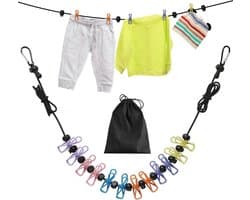 Draagbare Kledinglijn - Verstelbare Elastic Travel Clothesline - Retractabele Kledinglijn met 12 Kledingclips voor Binnen en Buiten - Balkon en Kampeergebruik