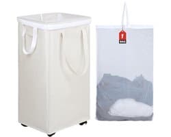 Extra Grote Opvouwbare Wasmand op Wielen - 90 Liter - Met Verwijderbare Waszak - Beige - Inklapbaar voor Makkelijke Opslag