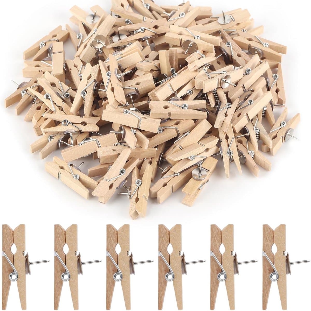 100x Houten Knijpers met Speld - Multifunctionele Prikklemmen voor Foto's, Prikborden en Handwerk — afbeelding 1