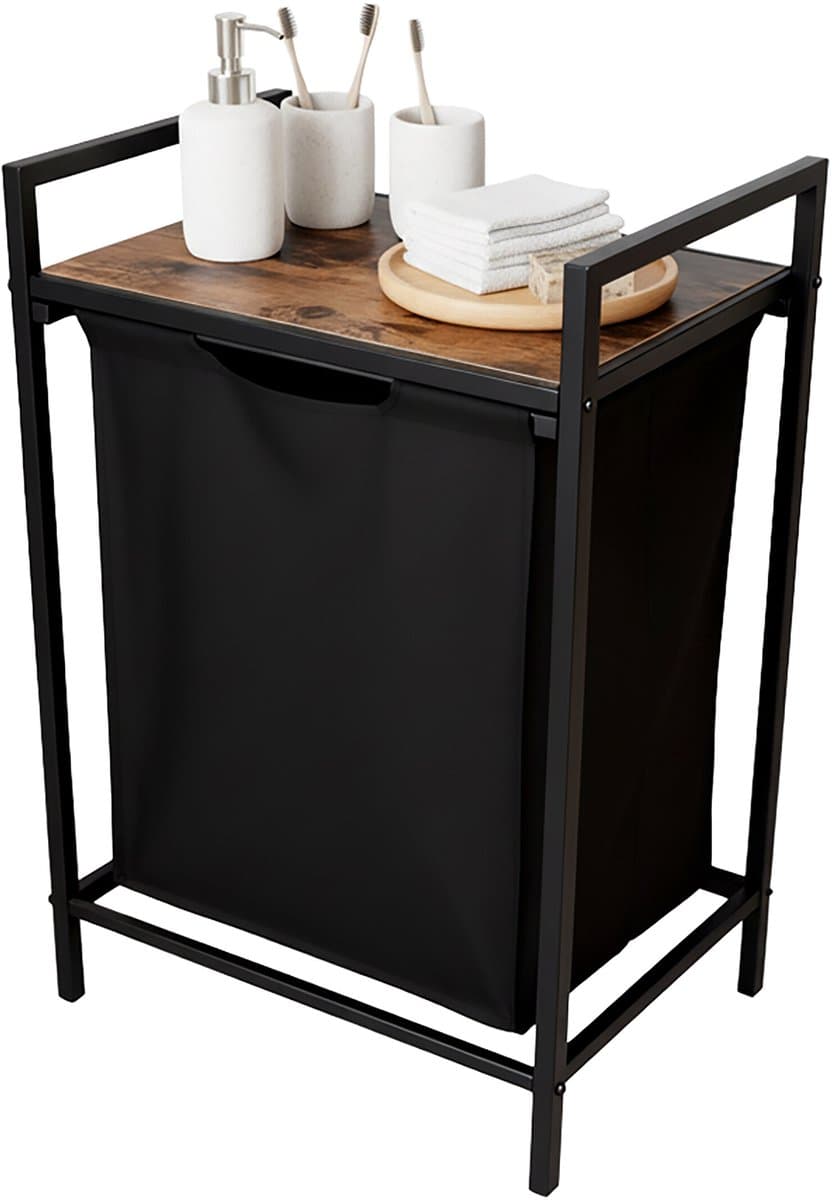 Wasmand - 65 l - met plank - uitneembare waszak - zwart-bruin — afbeelding 1