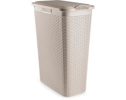 Plasticforte Smalle Wasmand met deksel Rotan - beige - gevlochten kunststof - 48 liter - 27 x 46 x 60 cm — afbeelding 1
