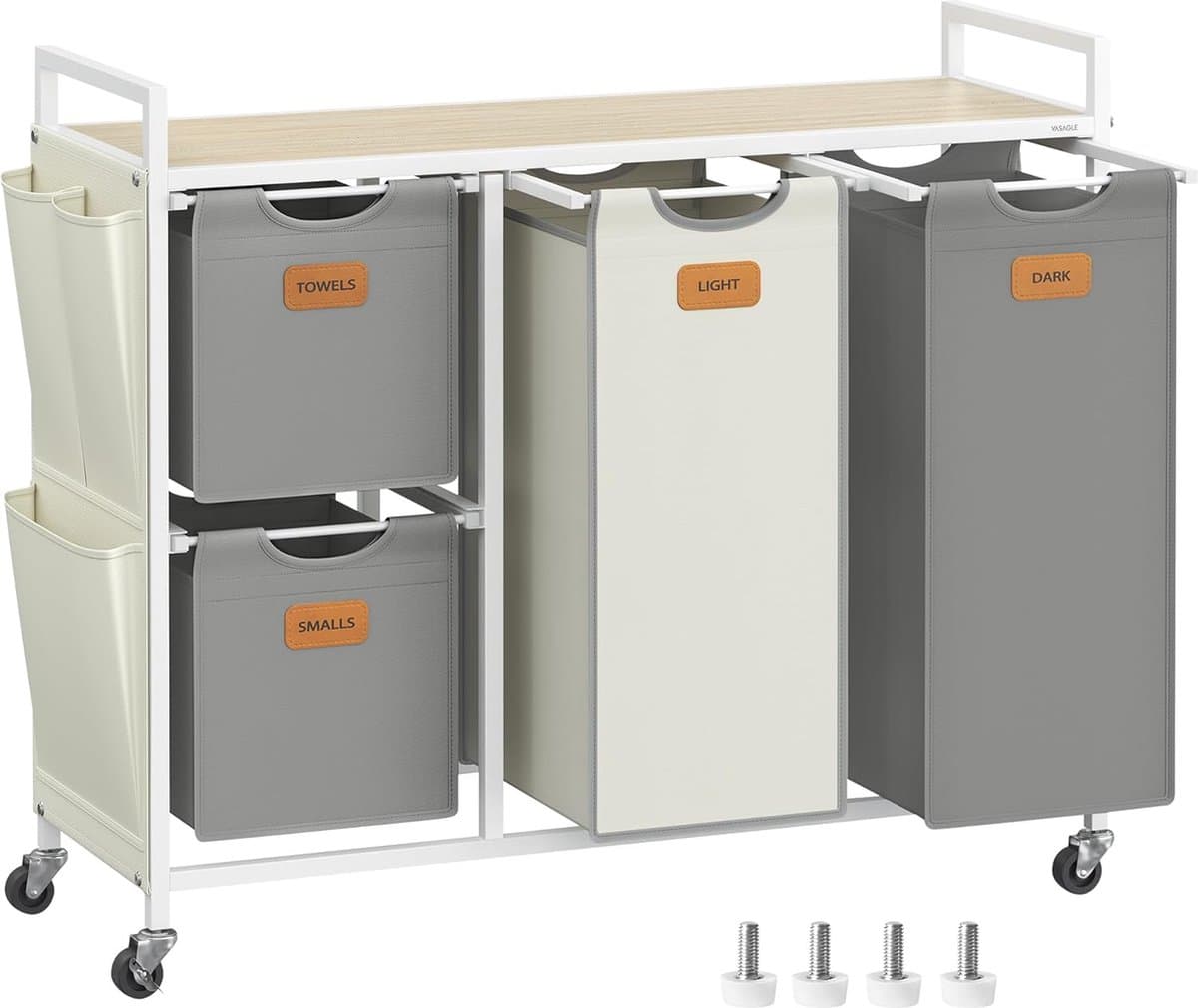 FurnStar Wasmand 4 Vakken – Wasverzamelaar 150L – Wassorteerder met Rollen en Plank – Waszakken met Kleine Zijzakken – 6 Etiketten – 98,6 x 33 x 80,5 cm – Natuurbeige - Duifgrijs-CrèmewitNatuurbeige - Duifgrijs-Crèmewit — afbeelding 1