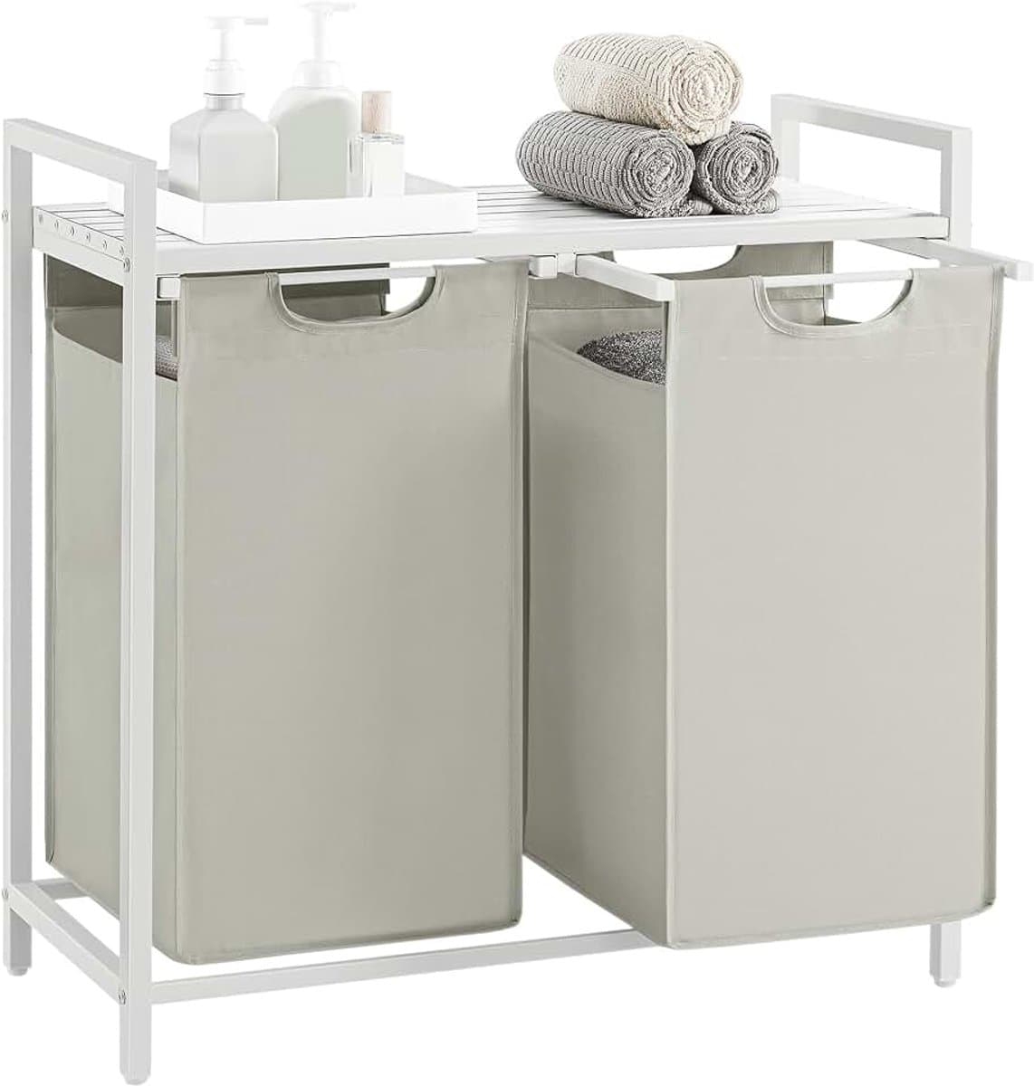 Wasmand, wasmand met 2 vakken, uittrekbare en verwijderbare voerzakken, kledingsorteerder, plank, metalen frame, 2 x 46 l, 73 x 33 x 72 cm, crèmewit en matwit BLH201W01 — afbeelding 1