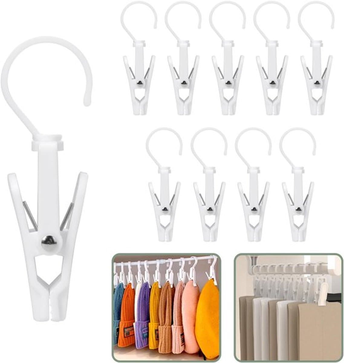 Washaken Clip - Washaken met klemmen - kleerhangers voor sokken - Drooghaak voor kleding - met 360 graden draaibare haak - Sterke plastic wasknijpers- draagbare antislip plastic hangers clips - Veelzijdig - 10stuks - wit — afbeelding 1