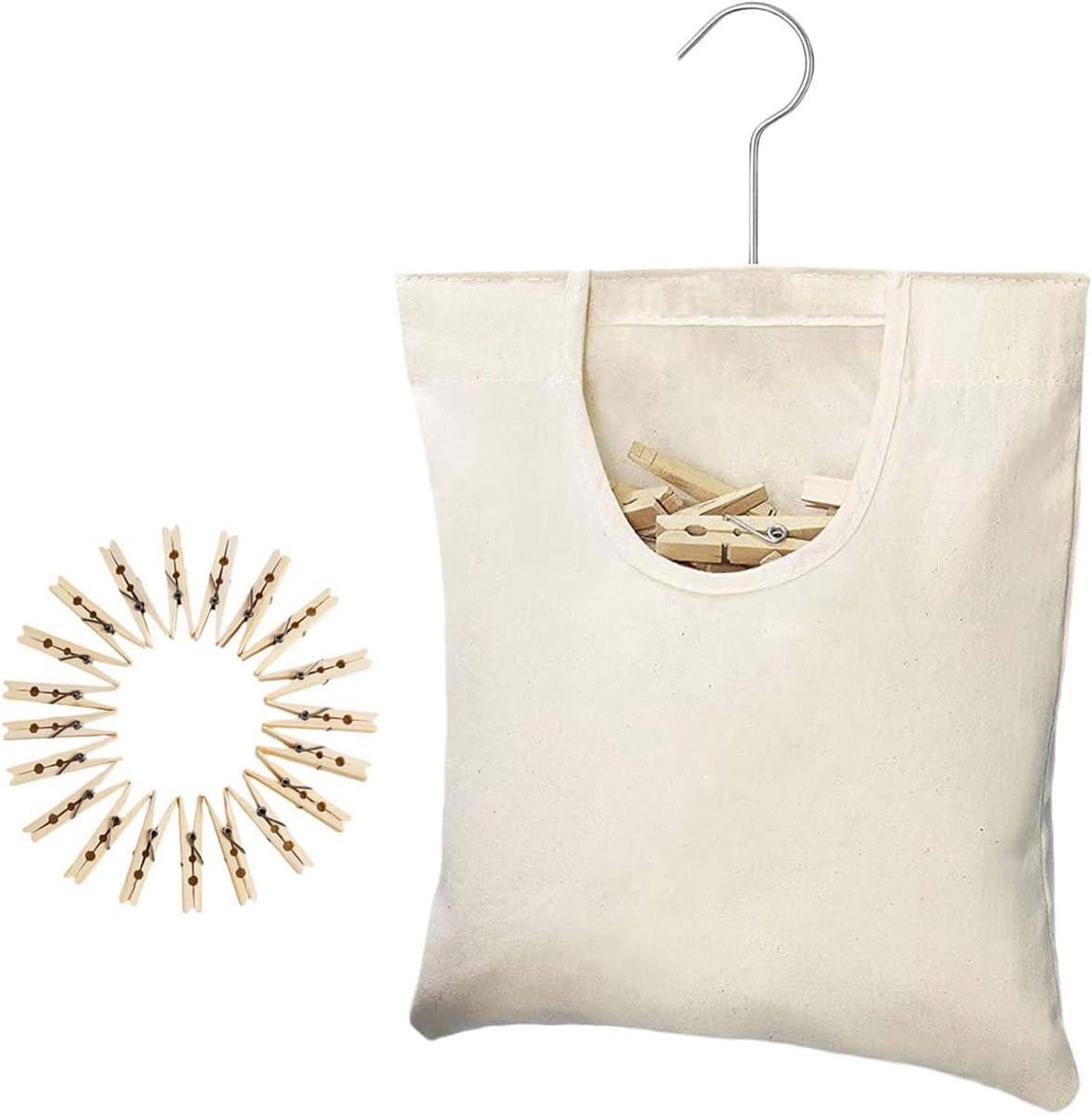 Wasknijper Opbergtas - Waslijn Organizer - Wassen en Drogen - Draaibare Haak - 32x27cm - Beige — afbeelding 1