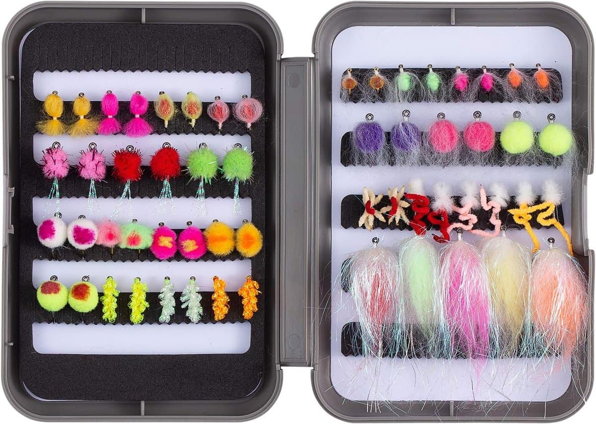 Vliegenvissen vliegen set forelbaarsvissen met vliegenbox, 36/64/72/76/80/96 stuks. Met droogvliegen/natte vliegen, nimfen, streamers, popper — afbeelding 1