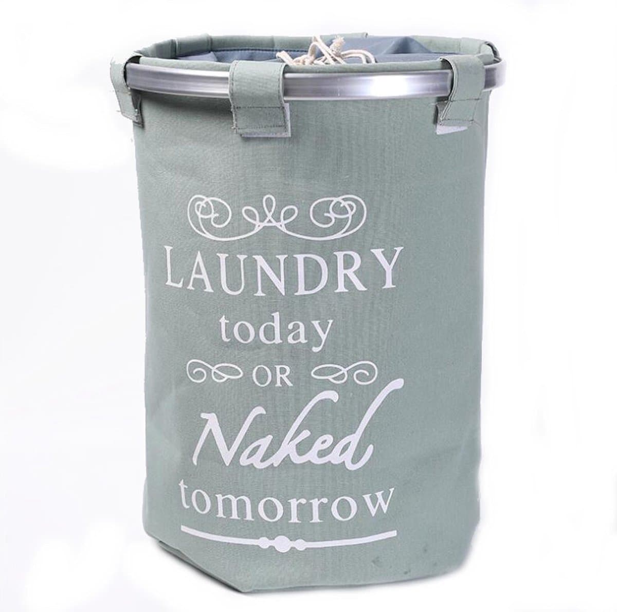 Ronde Wasmand met deksel - 50 L- Tekst LAUNDRY TODAY OR NAKED TOMORROW - Badkamer wasmand afsluitbaar - Waszak - Groen — afbeelding 1
