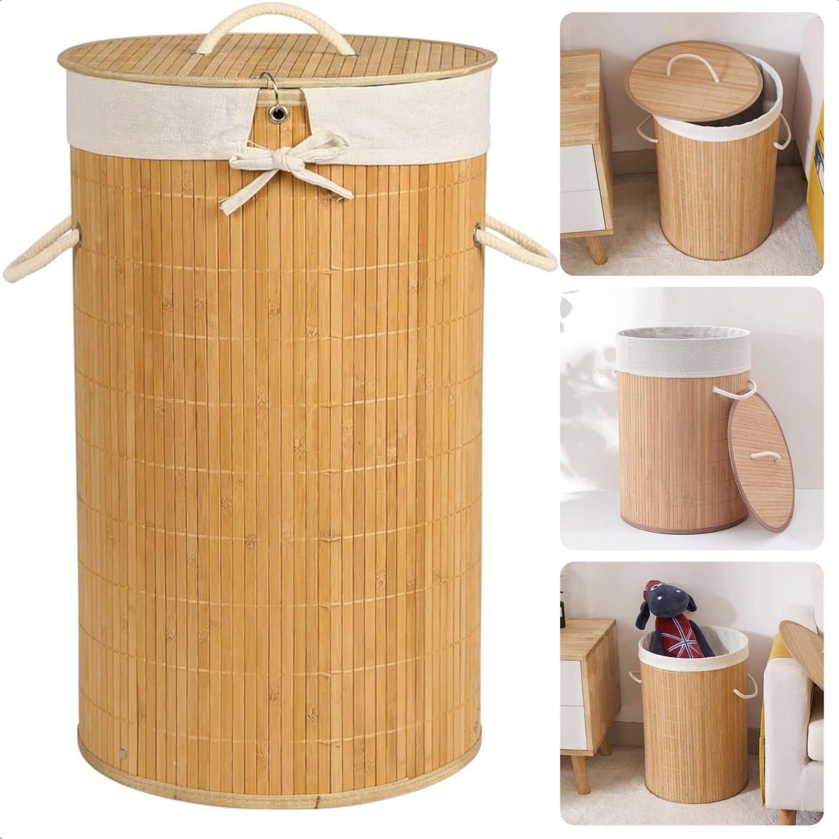 Wasmand - Bamboe - Ronde Wasmand 48 Liter - Met Deksel en Draaghengsels - Inclusief EBOOK — afbeelding 1