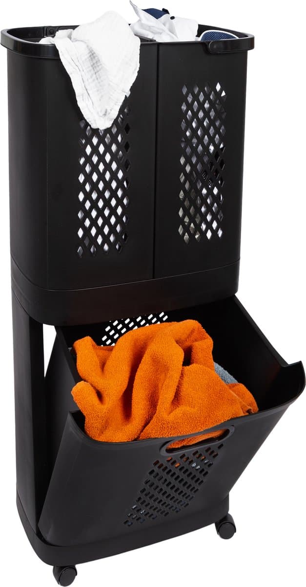 Eleganca Wasmand 3 vakken – XL Formaat 95 Liter – Wassorteerder– D31 x B45 x H90 cm – Afneembare manden – Wasmand op Wielen – Kunststof – Ruimtebesparend – Zwart — afbeelding 1