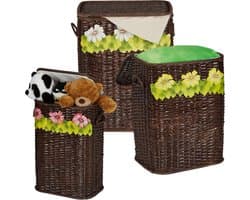 relaxdays wasmand - set van 3 - opbergmand met deksel - rieten mand - gevlochten A