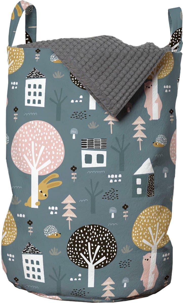 New Bed, Wasmand Bosprint met Huisjes, Scandinavische Stijl Opbergmand Kinderkamer met Handvatten en Koordsluiting, Speelgoedmand kinderen - Speelgoedkist - Wasbox - 33 x 48 cm — afbeelding 1
