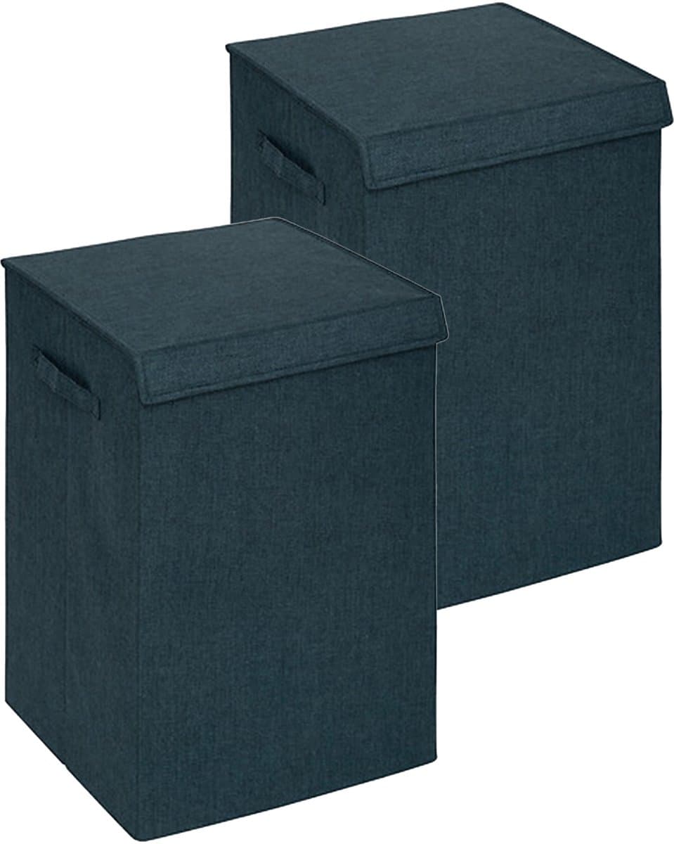 5Five Eureka sorteer wasmand - 2x - 74 liter - smaragd groen - 37 x 37 x 60 cm - MDF/Polyester stof - met afsluitklep — afbeelding 1