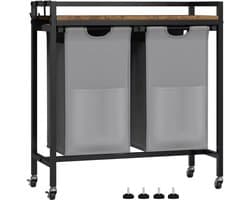 J&R Wasmand kastje - Wasmand met 2 vakken - Wassorteerder - Wasmand tafel - Waszak - Badkamerkast - Wasmand meubel - Wasmand rek - Dark brown - Zwart metaal