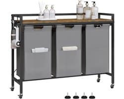 Varnox Wasmand kastje - Wasmandkastje - Tafel met wasmand - Wasmand met 3 vakken - Wassorteerder - Wasmand tafel - Badkamerkast - Wasmand meubel - Waszak - Wasmand rek - Dark oak - Op wielen - Zwart metaal