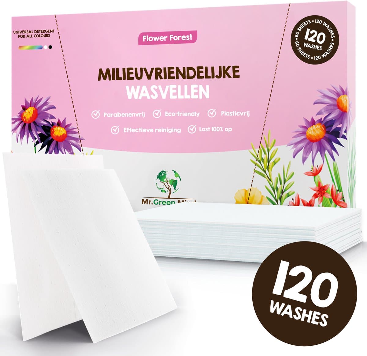 Mr. Green Mind Wasstrips 120 Wasbeurten bloemig Flower Forest Wasmiddeldoekjes Wasvellen Wasdoekjes incl. wasverzachter — afbeelding 1