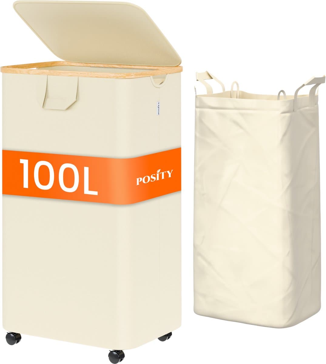 Posity Wasmand op Wielen – 100 Liter – Opvouwbaar – Met Deksel & Handvaten – Wasmand Stof - Bamboe - Laundry Basket - Incl. Waszak - Beige — afbeelding 1