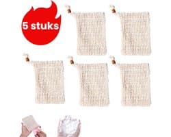 5-delige set - Katoen-linnen schuimende mesh tas - Handgemaakte zeeptas - Badkamer zeeptas met trekkoord - Met kralen - Beige