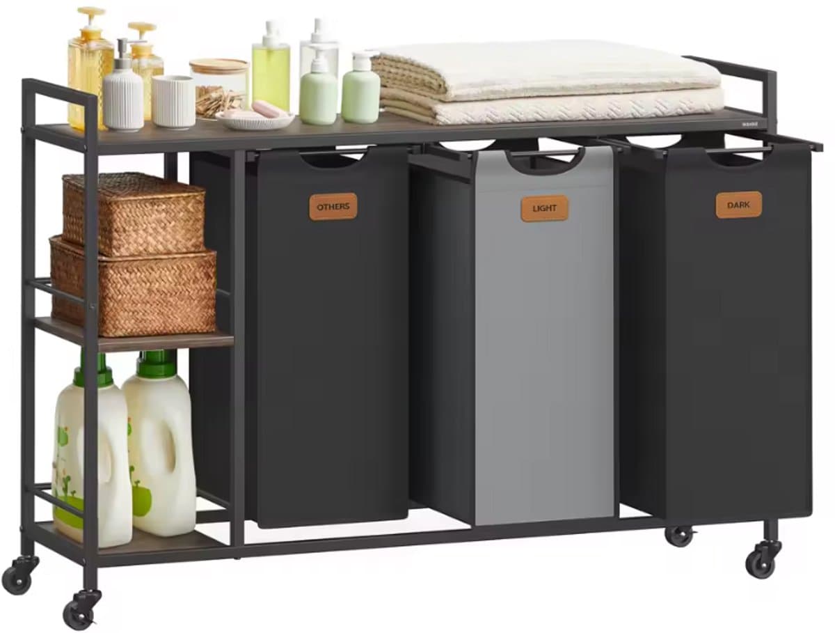 Wasmand 150L met 3 Vakken en Wielen – Metalen Frame met Houten Bovenblad & 2 Zijplanken – Uitneembare Waszakken – Laundry Sorter — afbeelding 1
