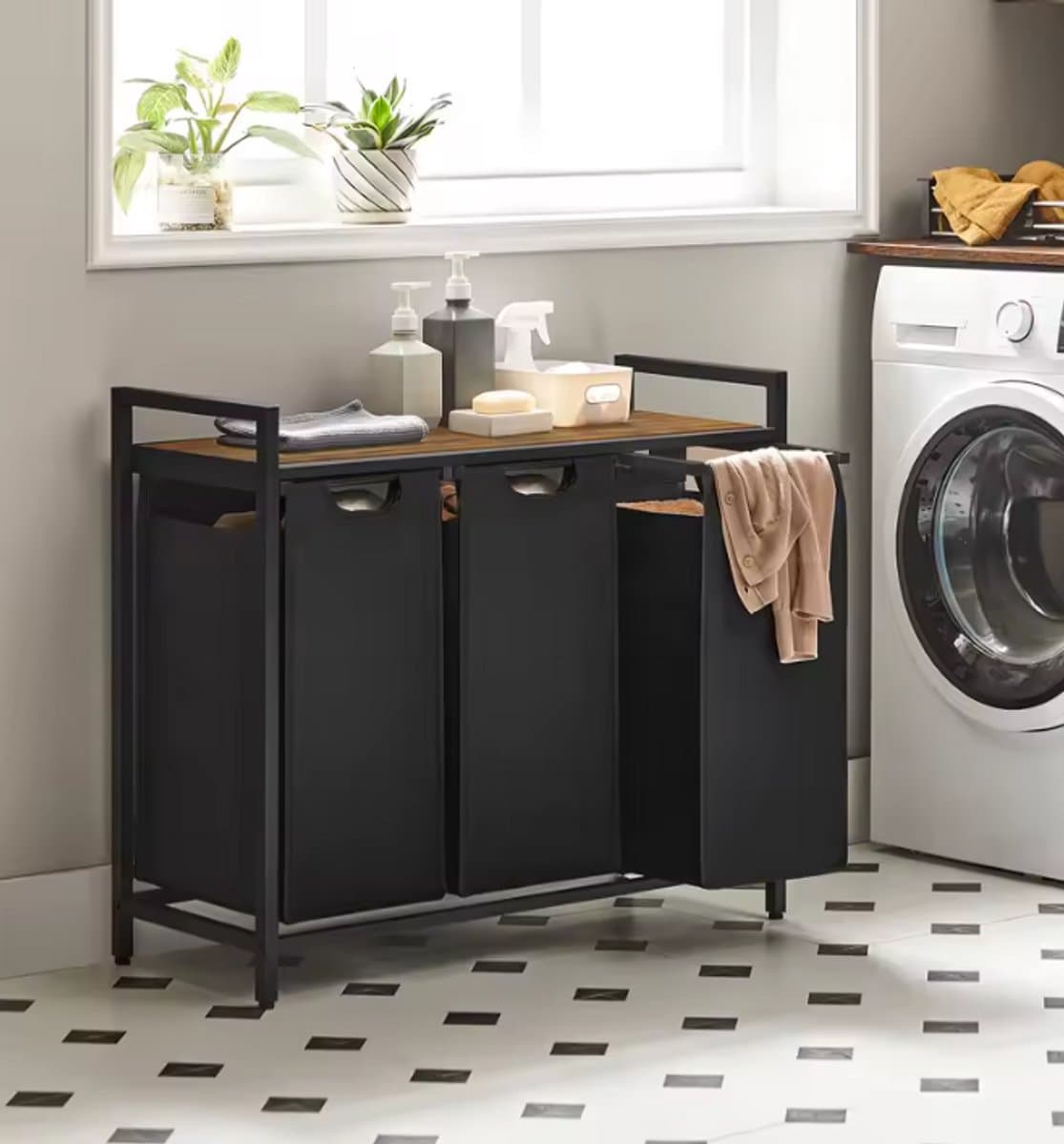 Wasmand 3 Vakken – Metalen Frame met Houten Blad – 3 Uitneembare Waszakken – Was Sorteren Toonbank – Zwart – 92,5 cm — afbeelding 1
