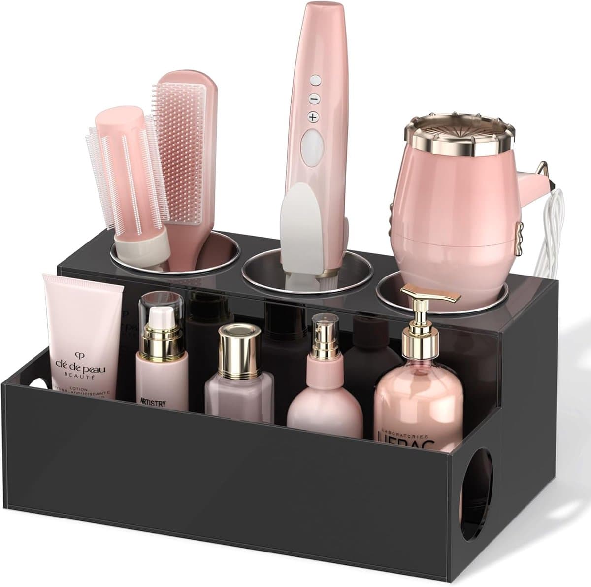 Famanu – Vrijstaande organizer voor haardroger en stylingtools, afneembaar acryl, zwart — afbeelding 1