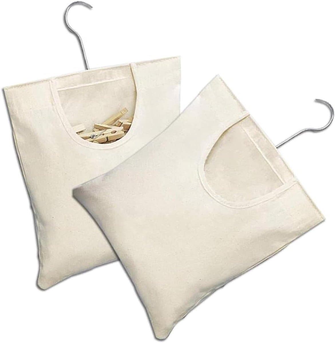 Wasknijper opbergtas met beugel en hanger - set van 2 stuks - beige - voor slaapkamer - 32 x 27 cm - opbergtas voor wasknijpers — afbeelding 1