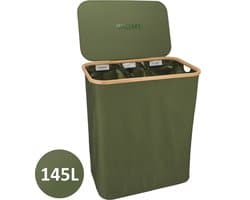 KROMS Wasmand 3 vakken - Olijfgroen - Inclusief NL & ENG Labels - Wassorteerder bamboe - Laundry basket - Wasmand met deksel - 145 L — afbeelding 1
