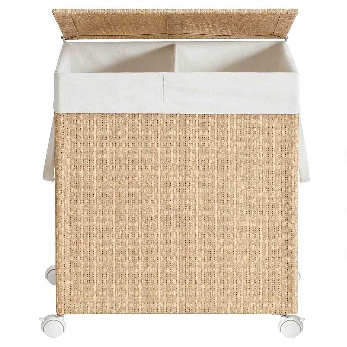 Dubbele wasmand met verdeler 46,5×37,5×65 cm 100L, met wielen, deksel, handvat en afneembare waszak, rotan-look, stevig en duurzaam, water- en verouderingsbestendig, geschikt voor wasruimte en badkamer — afbeelding 1