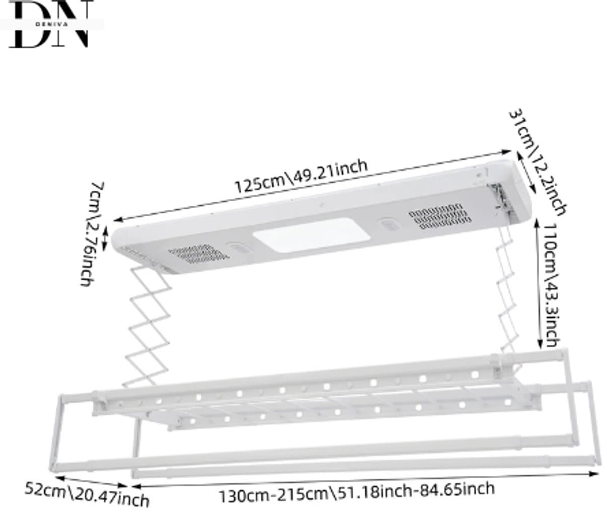 Deniva - Droogrek - Elektrische Droogrek - Intrekbaar - Afstandsbediening - 125×31 cm - Plafond - Uitschuifbaar Droogrek - 22,4 KG — afbeelding 1