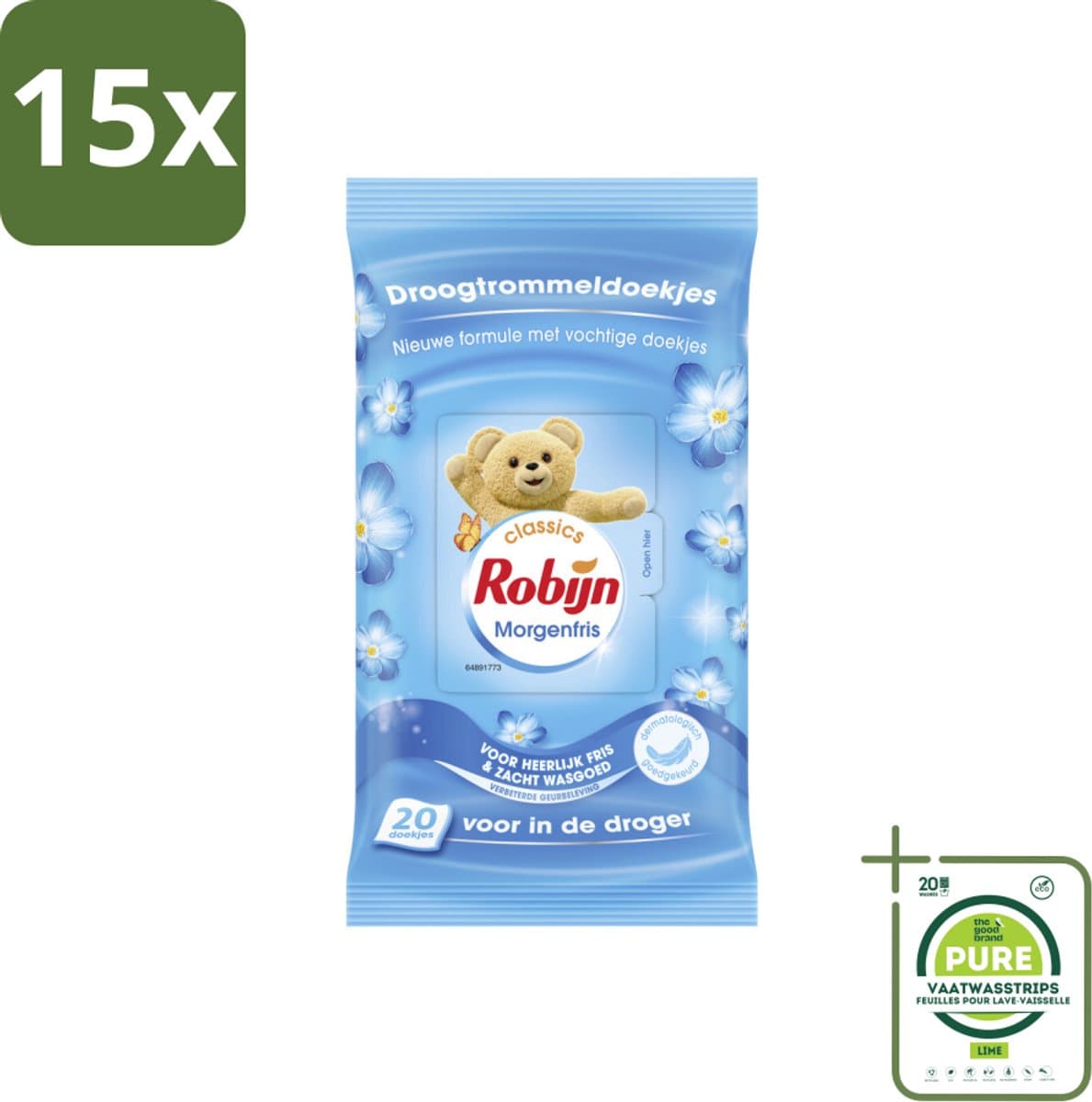 15 x Robijn Droogtrommeldoekjes Morgenfris 20 stuks per verpakking - Grootverpakking - Droogtrommeldoekjes - Wasgoed Drogen - Frisse Geur - Wasgoed Verzorgen - Kleuren Beschermen — afbeelding 1