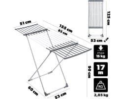 KADAX Uitschuifbaar droogrek met 17m droogoppervlak, Flexibele breedte van 85-155 cm, Groot droogrek voor binnen buiten (wit/grijs, 155 x 53 x 90 cm)