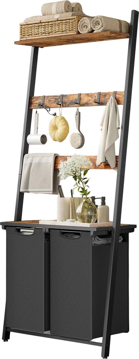Jessi Store - Wasmand - Wassorteerder - Wasgoedopberger - Met handdoekladder - 2 vakken totaal 92L - Met opbergplank - 73x33x177cm — afbeelding 1