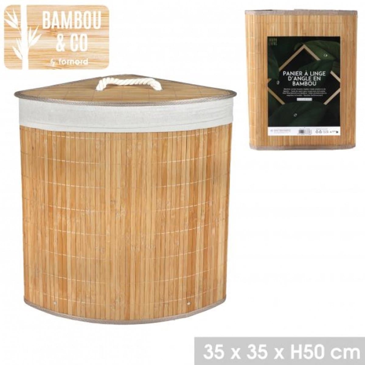 "BAMBOU & CO" HOEKWASMAND MET BAMBOEDEKSEL 35×35×H50 CM — afbeelding 1