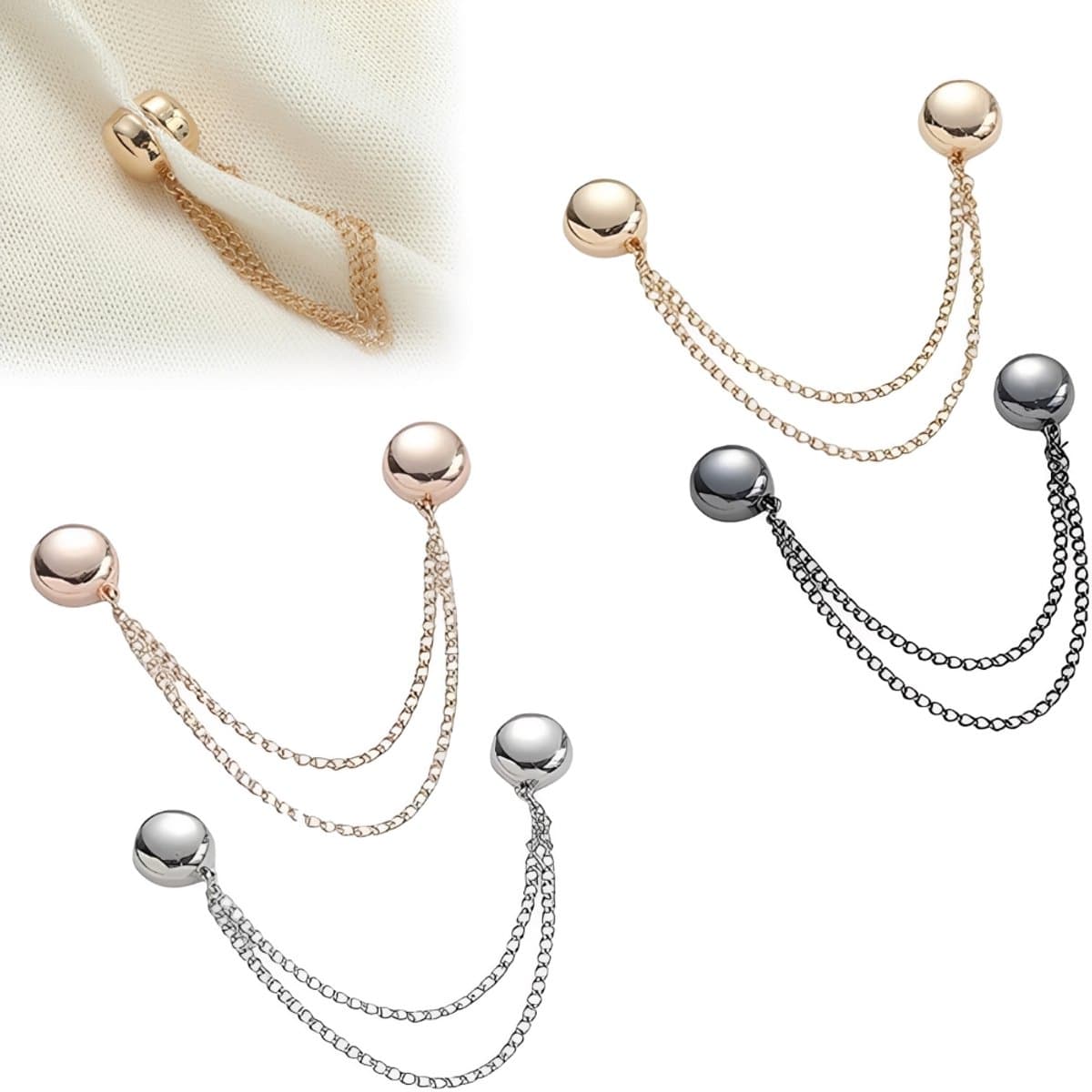 4-delige magnetische kledingclip met ketting - broekklem - broekclip - manchetclip - broekspijpclip - kleding clips - voor het vastzetten van mouwen, broeken en overhemdmanchetten - legering - goud/roségoud/zilver/antracietzwart — afbeelding 1