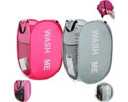 2 stuks - Wasmand van gaas met handvat - Opvouwbare wasmand van gaas - Opvouwbare wasmand - Opvouwbare waszak - Wasmand van gaas met handvat - Opbergdoos voor vuile was - Grijs, roze - Geschikt voor thuis, studentenkamers en op reis