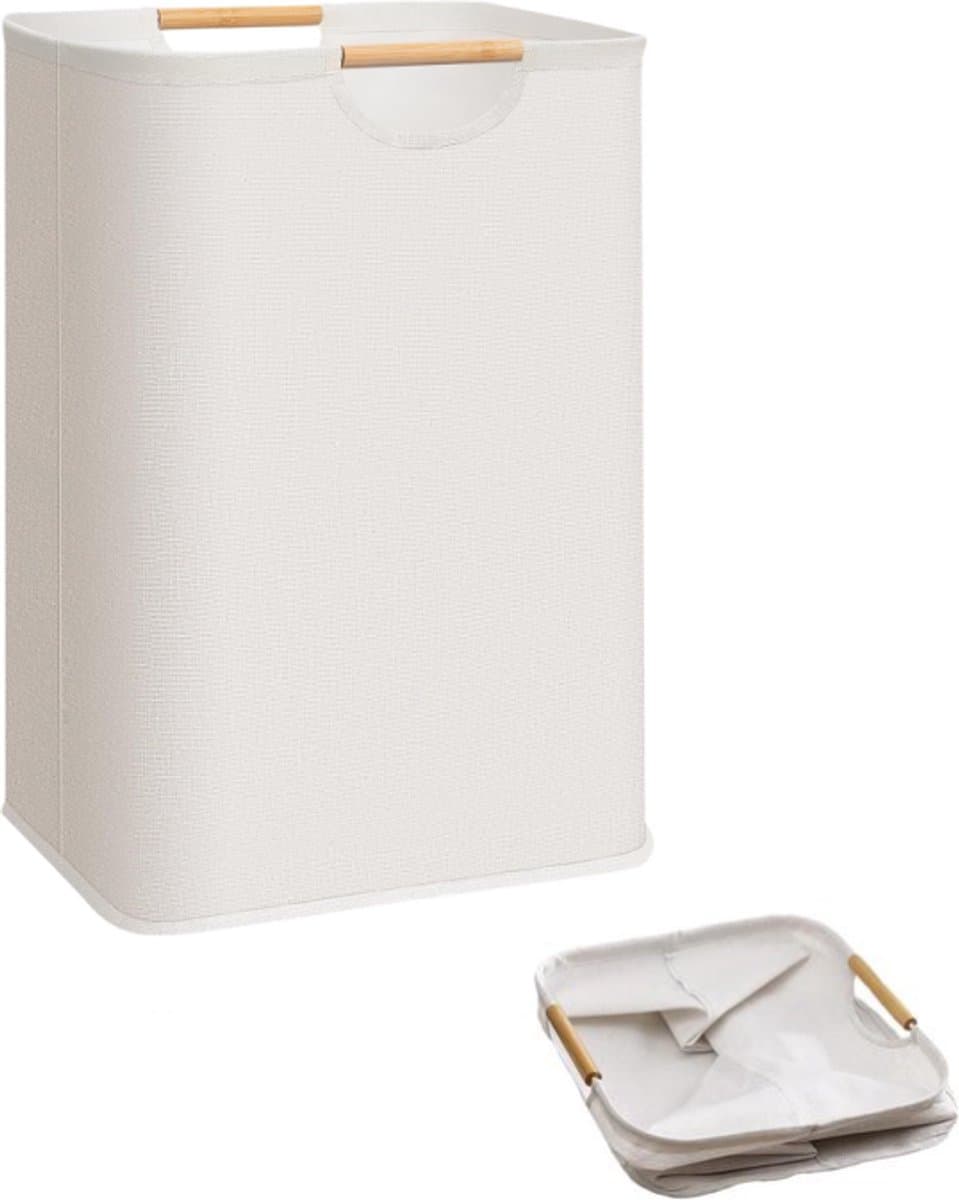 Grote wasmand - opvouwbare wasmand - met bamboe handgrepen - vrijstaande waterdichte wasmand - voor wasruimte, slaapkamer, studentenkamer - handdoeken, speelgoed - 80 liter (21,1 gallon) - beige — afbeelding 1