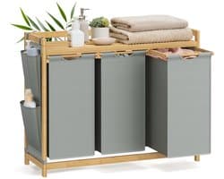 NaevaMi Wasmand 3 Vakken – Wassorteerder - Wasmanden - Wasbox - Wassorteerder 3 vakken - Wasmand Hout - Wasmand Bamboe - 150 liter - 3 Compartimenten - Uitschuifbaar met Plank - 94 x 33 x 78 cm - Grijs