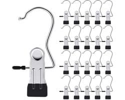 20 washaken - wasknijpers - clips - broekklem - hangerclips - schoenclips - Met haken - draagbare roestvrijstalen kledinghanger voor thuis en op reis - zwart