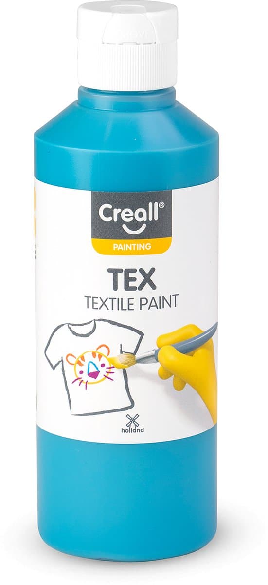 Creall Tex - Textiel- & Stoffenverf - Turquoise - 250ml - Machine wasbaar na fixatie - Voor T-shirts, jeans, schoenen, stoffen tassen, meubels en auto-interieurs/hemelbekleding - Gemaakt in NL - Glutenvrij — afbeelding 1
