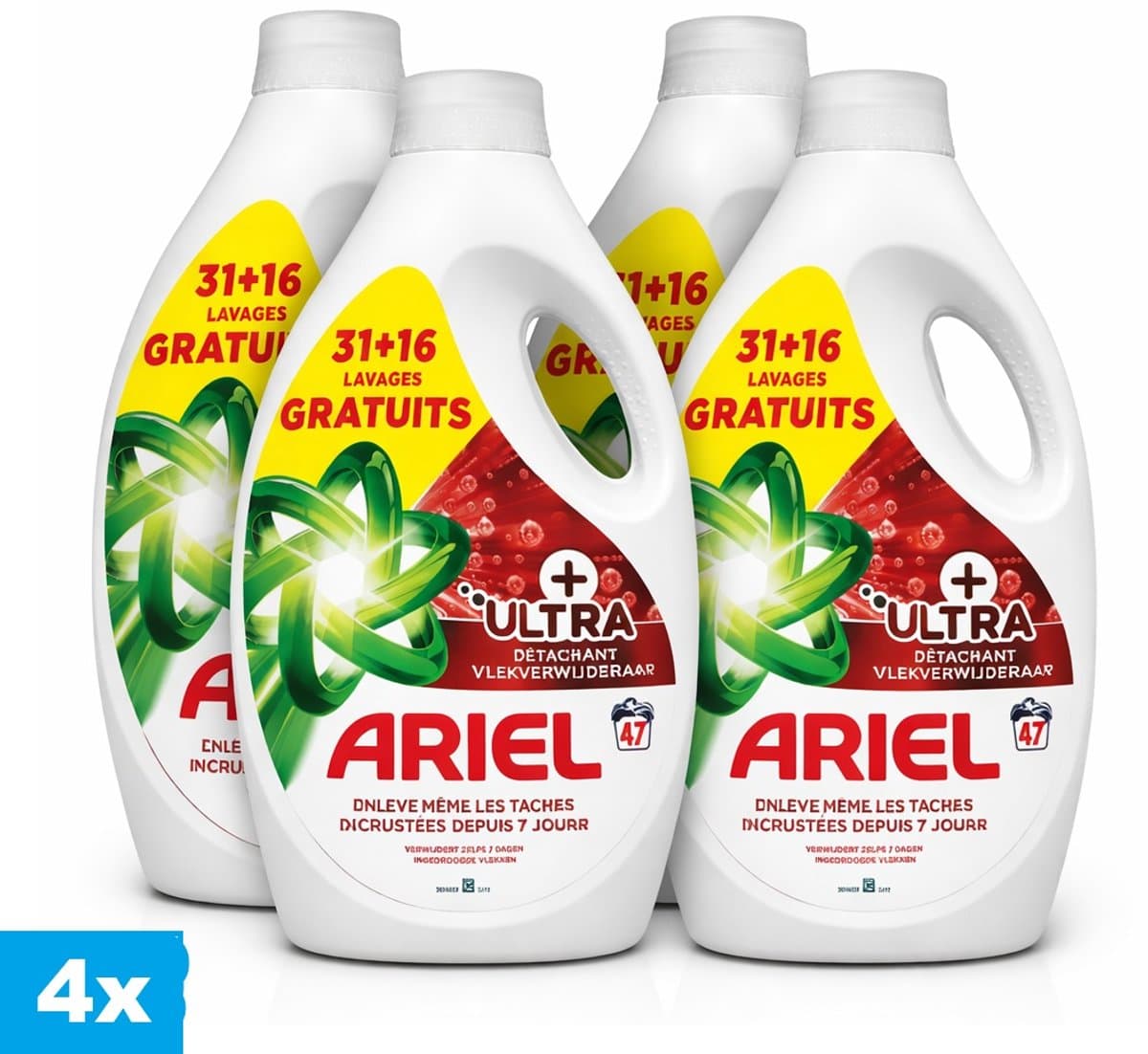 Ariel Ultra Vlekverwijderaar Vloeibaar Wasmiddel 4 x 2115 ml – 4 Stuks – 188 Wasbeurten — afbeelding 1