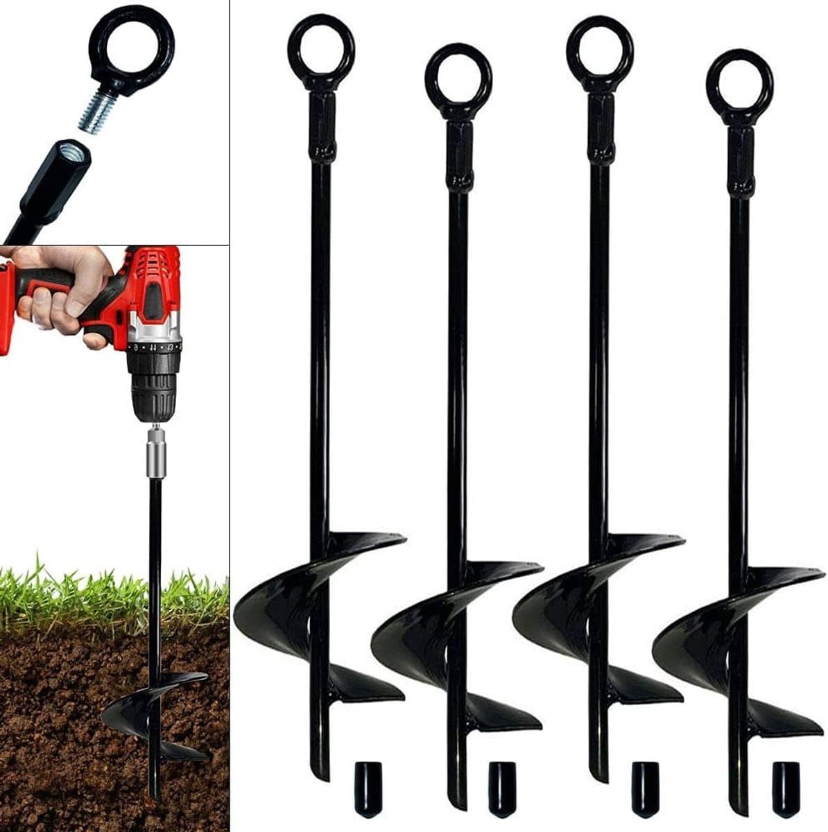 Set van 2 Grondankers - 46cm Zware Uitvoering - Grondpen met 7cm Spiraalblad - Stormbeveiliging voor Trampoline, Speeltoestel, Carport & Partytent - Massief Staal - Inclusief Afneembare Oogringen - Zwart — afbeelding 1