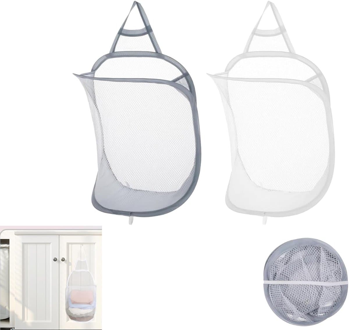 2 stuks - Opvouwbare wasmand van gaas, hangende wasmand, wasmand voor artikelen, uitschuifbare wasmand van gaas voor thuis, hotel, reizen, kamperen 40x30cm (wit + grijs) — afbeelding 1