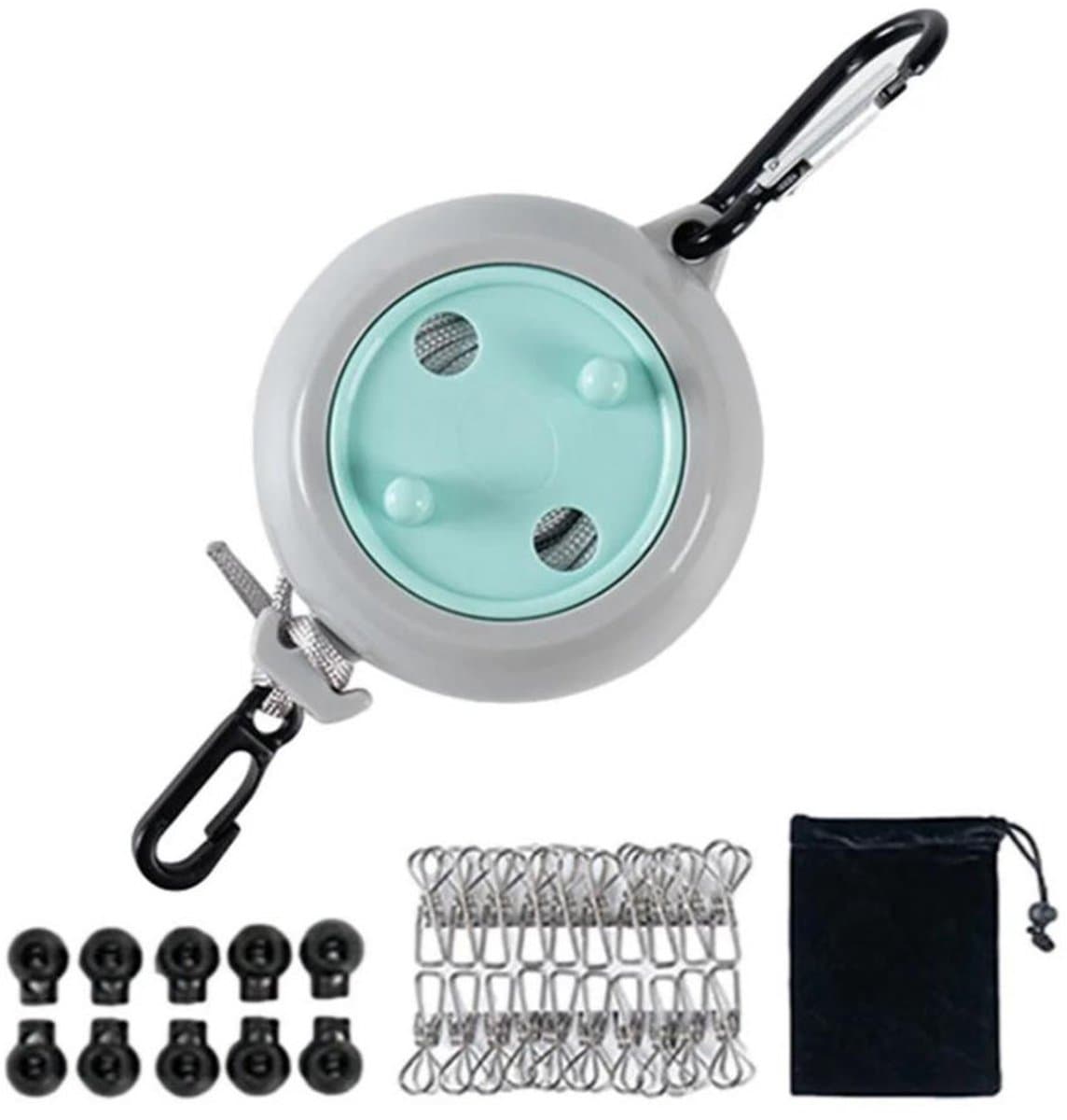 Waslijn - 10 m lang, 4 mm diameter - Ingekorte afmeting 10,2 * 8 * 4,5 cm - 20 wasknijpers - 10 bevestigingsgespen - 1 opbergzak - Verstelbaar - Draagbaar - Reis- en kampeerwaslijn - Geschikt voor wasruimtes binnen en buiten — afbeelding 1
