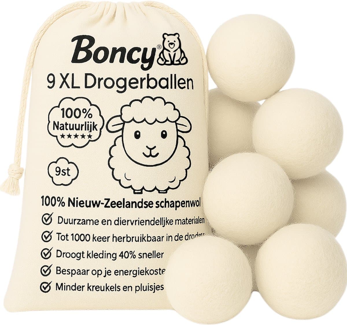 Boncy® Drogerballen - 9 Stuks XL Droogballen voor Wasdrogers - 100% Nieuw Zeelandse Schapenwol Wasdrogerballen - Energiebesparend & Duurzaam Cadeau - Wasballen voor Wasdroger Droogtrommel - Dryer Balls Wol Droger Ballen - Wasbol Wasbollen - Wit — afbeelding 1
