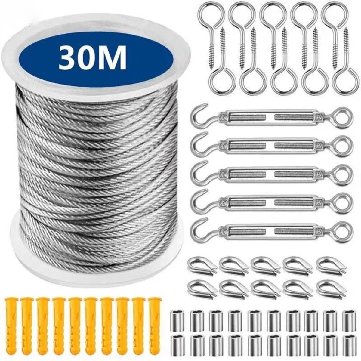 30 meter Seilspannmarkise Compleetset, PVC-beschicht draad 2 mm met roestvrij staal, waslijn voor buiten met 5 spanklemmen en 10 grondankers — afbeelding 1